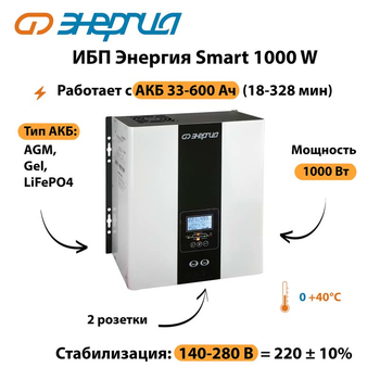 ИБП Энергия Smart 1000W - ИБП и АКБ - Энергия ИБП Smart - . Магазин оборудования для автономного и резервного электропитания Ekosolar.ru в Саратове