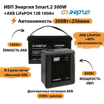 ИБП для котла Энергия Smart 2 300Вт + LiFePO4 Аккумулятор 12v 100Ah (300Вт - 256мин) - ИБП и АКБ - ИБП Энергия - ИБП для котлов отопления - . Магазин оборудования для автономного и резервного электропитания Ekosolar.ru в Саратове