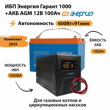 ИБП для котла Энергия Гарант 1000 + Аккумулятор 100 Ач 12 В (600Вт - 91мин) - ИБП и АКБ - ИБП для котлов - . Магазин оборудования для автономного и резервного электропитания Ekosolar.ru в Саратове