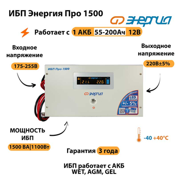 Энергия ИБП Про 1500 12В - ИБП и АКБ - ИБП для котлов - . Магазин оборудования для автономного и резервного электропитания Ekosolar.ru в Саратове