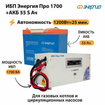 ИБП Энергия Про 1700 + Аккумулятор S 55 Ач - 12В (1200Вт - 25мин) - ИБП и АКБ - ИБП для котлов - . Магазин оборудования для автономного и резервного электропитания Ekosolar.ru в Саратове