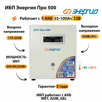 Энергия ИБП Про 500 12В - ИБП и АКБ - ИБП для котлов - . Магазин оборудования для автономного и резервного электропитания Ekosolar.ru в Саратове