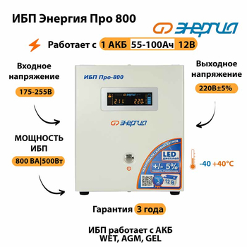 Энергия ИБП Про 800 12В - ИБП и АКБ - ИБП для котлов - . Магазин оборудования для автономного и резервного электропитания Ekosolar.ru в Саратове