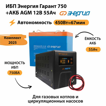 ИБП для котла Энергия Гарант 750 + Аккумулятор 55 Ач 12 В (450Вт - 67мин) - ИБП и АКБ - ИБП для котлов - . Магазин оборудования для автономного и резервного электропитания Ekosolar.ru в Саратове